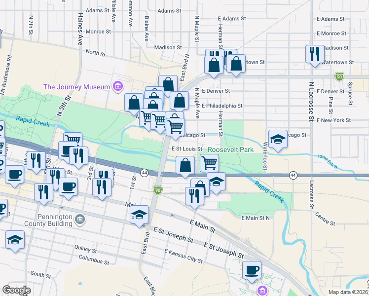 map of restaurants, bars, coffee shops, grocery stores, and more near 114 East Boulevard North in Rapid City