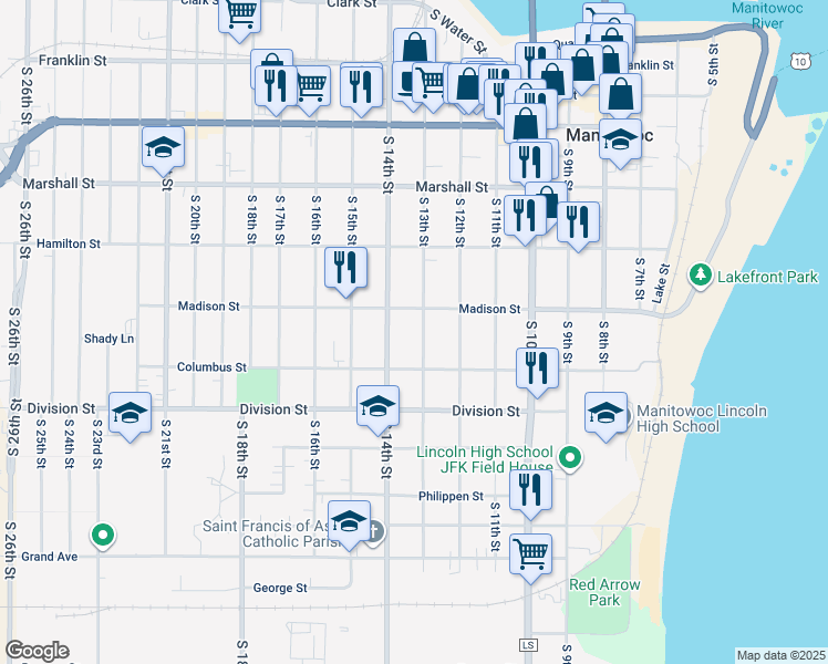 map of restaurants, bars, coffee shops, grocery stores, and more near 1301 South 13th Street in Manitowoc
