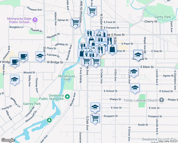 map of restaurants, bars, coffee shops, grocery stores, and more near 135 West Main Street in Owatonna