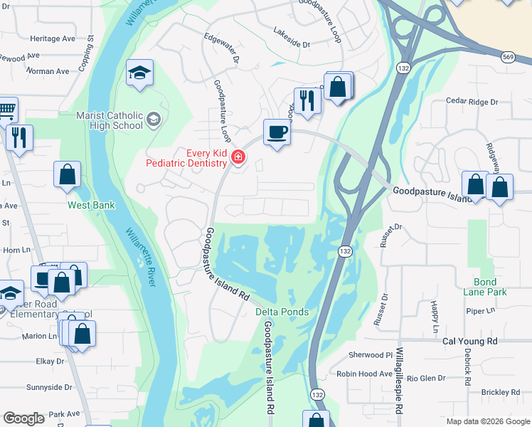 map of restaurants, bars, coffee shops, grocery stores, and more near 1150 Darlene Lane in Eugene