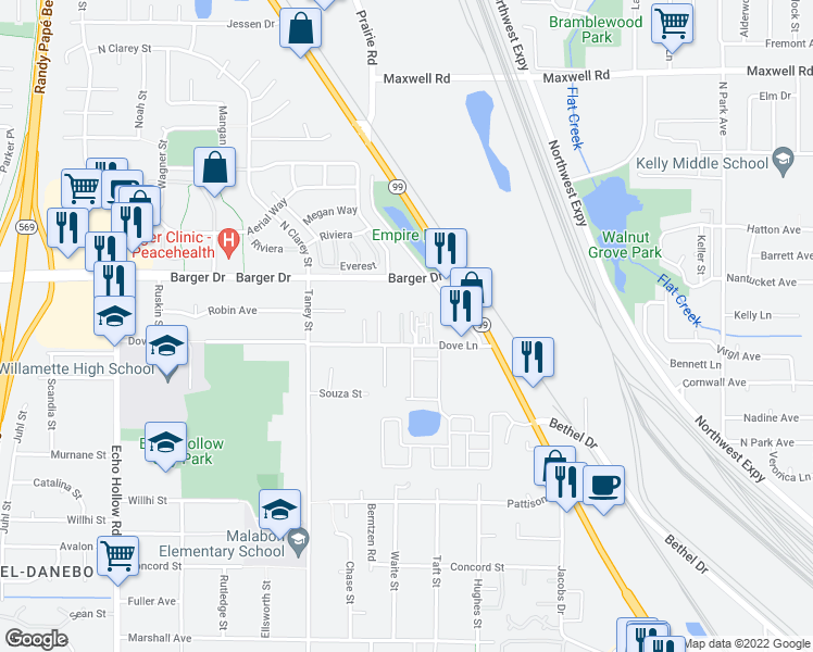 map of restaurants, bars, coffee shops, grocery stores, and more near 3729 Dove Lane in Eugene