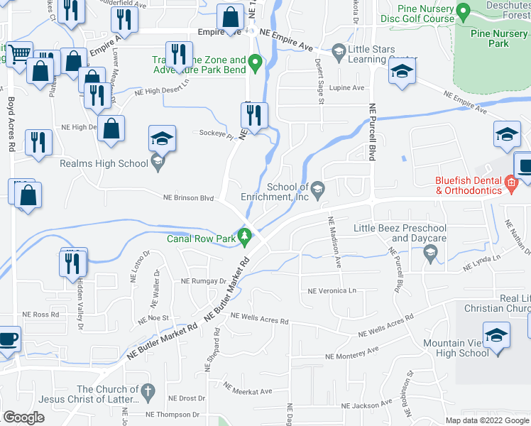 map of restaurants, bars, coffee shops, grocery stores, and more near Daniel Duke Way in Bend