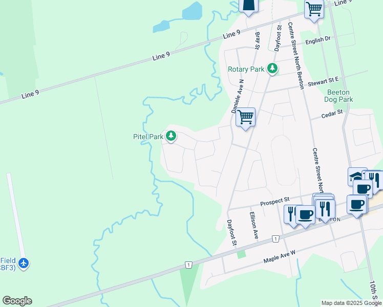 map of restaurants, bars, coffee shops, grocery stores, and more near 55 McCullough Avenue in New Tecumseth