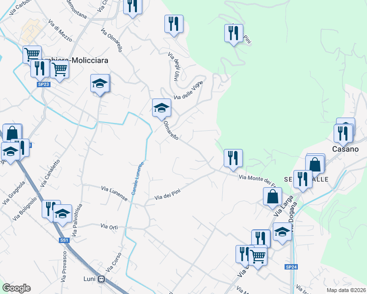 map of restaurants, bars, coffee shops, grocery stores, and more near 43 Via Olmarello in Colombiera-Molicciara
