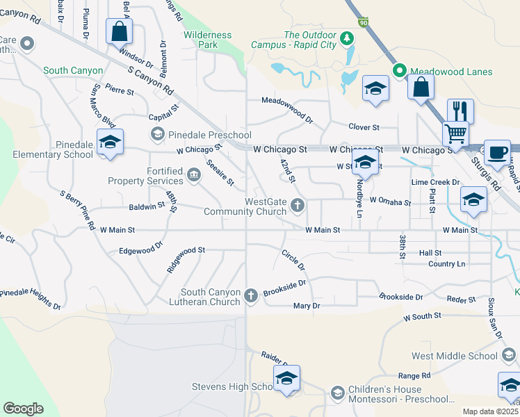 map of restaurants, bars, coffee shops, grocery stores, and more near 35 South Canyon Road in Rapid City