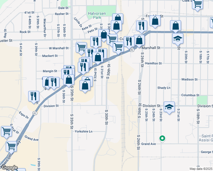 map of restaurants, bars, coffee shops, grocery stores, and more near 1399 South 30th Street in Manitowoc