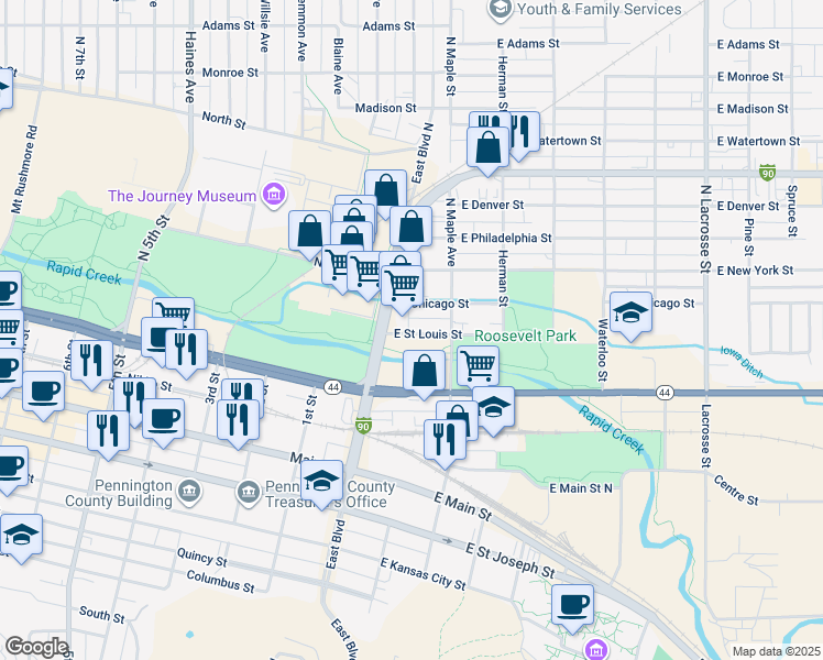 map of restaurants, bars, coffee shops, grocery stores, and more near 16 East Street Louis Street in Rapid City