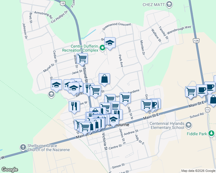map of restaurants, bars, coffee shops, grocery stores, and more near 308 Shelburne Place in Shelburne