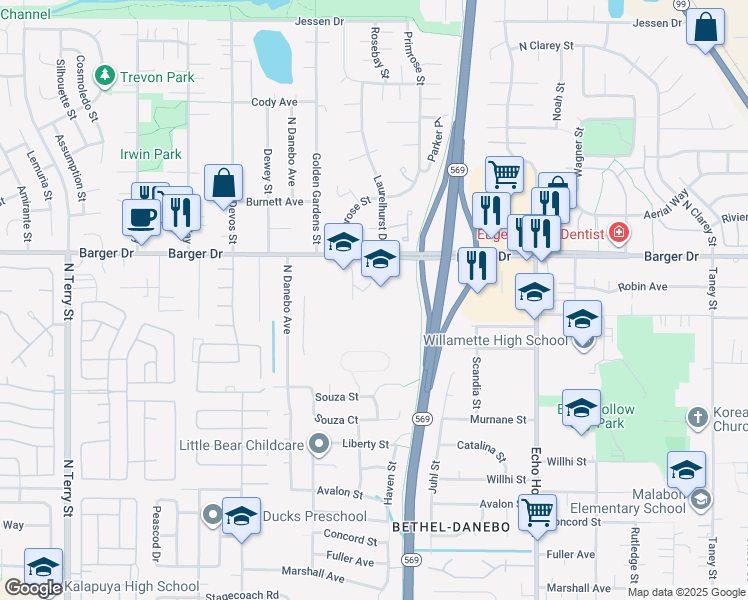 map of restaurants, bars, coffee shops, grocery stores, and more near 4646 Barger Drive in Eugene