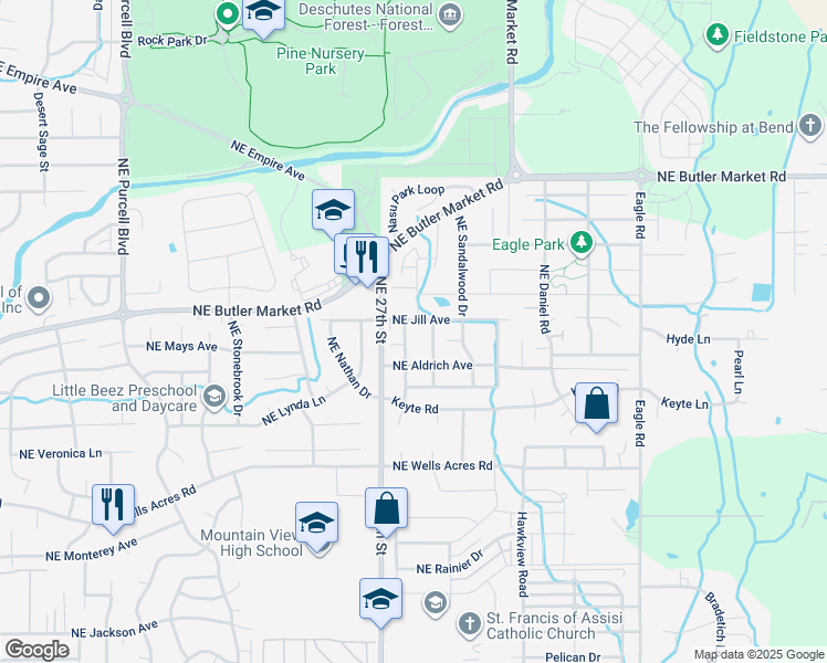 map of restaurants, bars, coffee shops, grocery stores, and more near 3195 Northeast Delmas Street in Bend