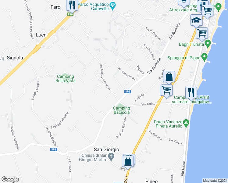 map of restaurants, bars, coffee shops, grocery stores, and more near 11 Via Nuova di Peagna in Ceriale