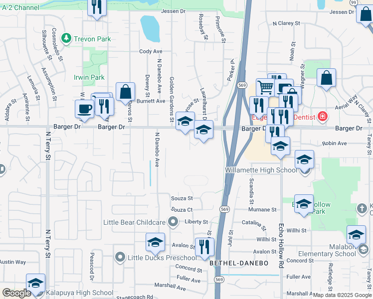 map of restaurants, bars, coffee shops, grocery stores, and more near 4646 Barger Drive in Eugene