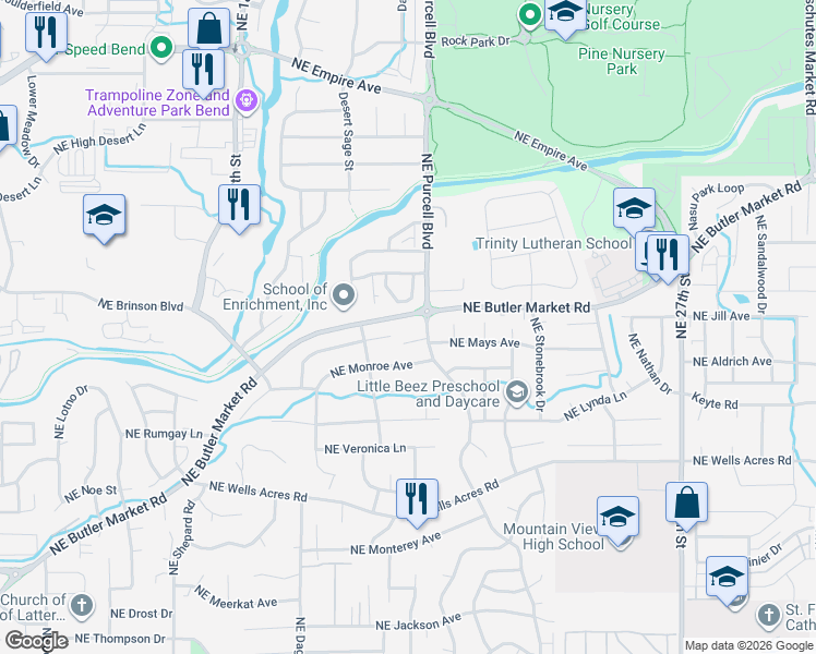 map of restaurants, bars, coffee shops, grocery stores, and more near 3320 Northeast Cruise Loop in Bend