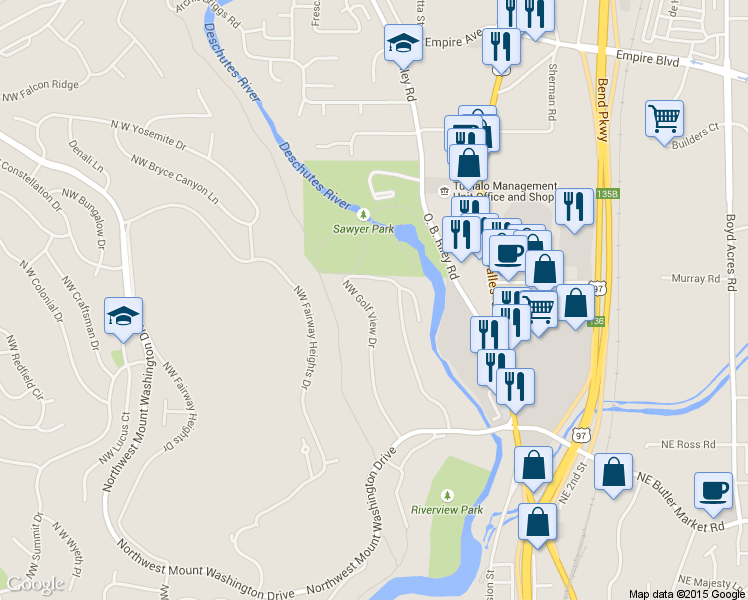 map of restaurants, bars, coffee shops, grocery stores, and more near 3180 Northwest Clubhouse Drive in Bend