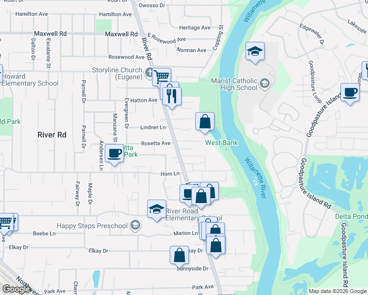 map of restaurants, bars, coffee shops, grocery stores, and more near 126 Greenleaf Avenue in Eugene