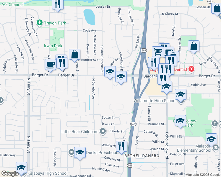 map of restaurants, bars, coffee shops, grocery stores, and more near 4646 Barger Drive in Eugene