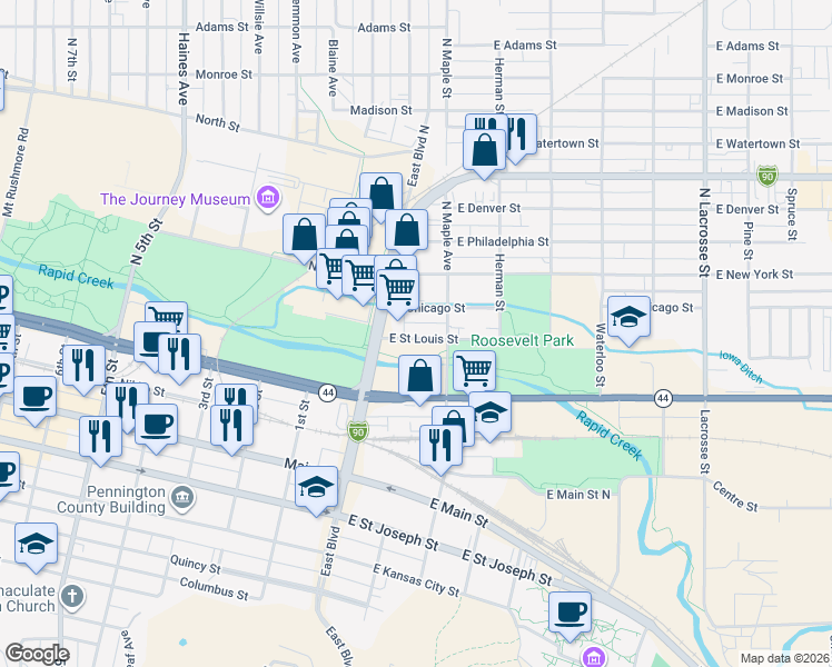 map of restaurants, bars, coffee shops, grocery stores, and more near 20 East Street Louis Street in Rapid City
