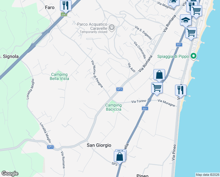 map of restaurants, bars, coffee shops, grocery stores, and more near 11 Via Nuova di Peagna in Ceriale