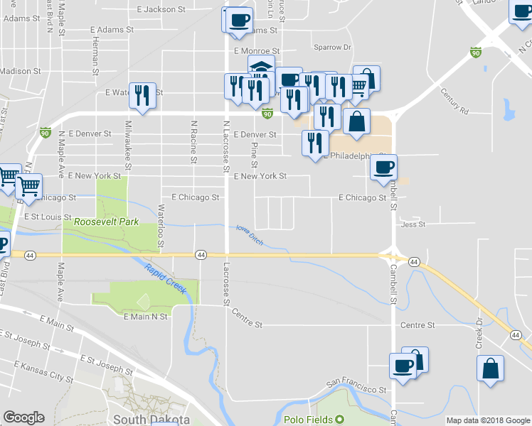 map of restaurants, bars, coffee shops, grocery stores, and more near 721 East Chicago Street in Rapid City