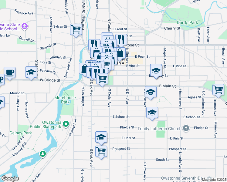 map of restaurants, bars, coffee shops, grocery stores, and more near 111 East Main Street in Owatonna