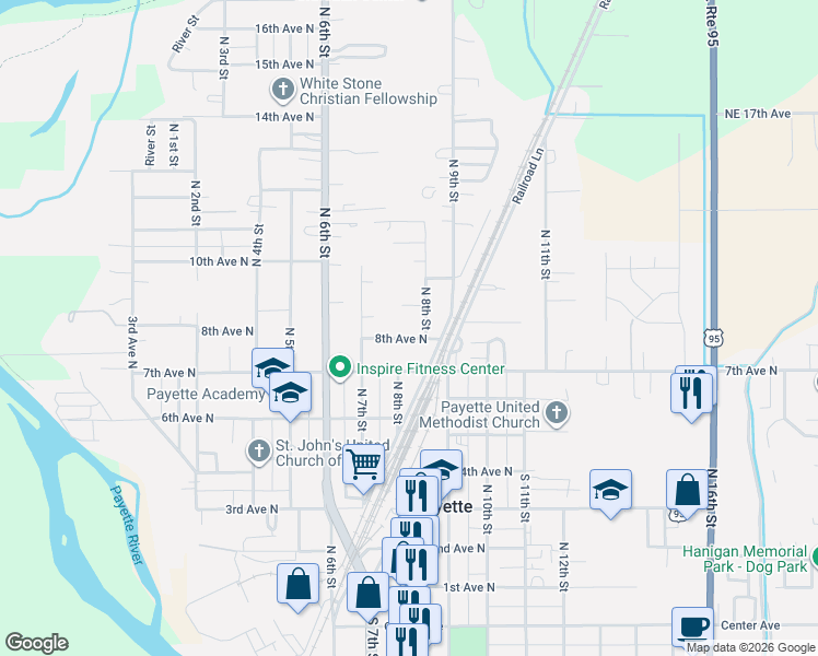 map of restaurants, bars, coffee shops, grocery stores, and more near 811 8th Avenue North in Payette