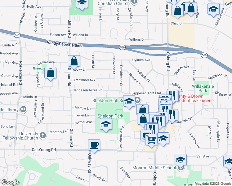 map of restaurants, bars, coffee shops, grocery stores, and more near 2360 Jeppesen Acres Road in Eugene