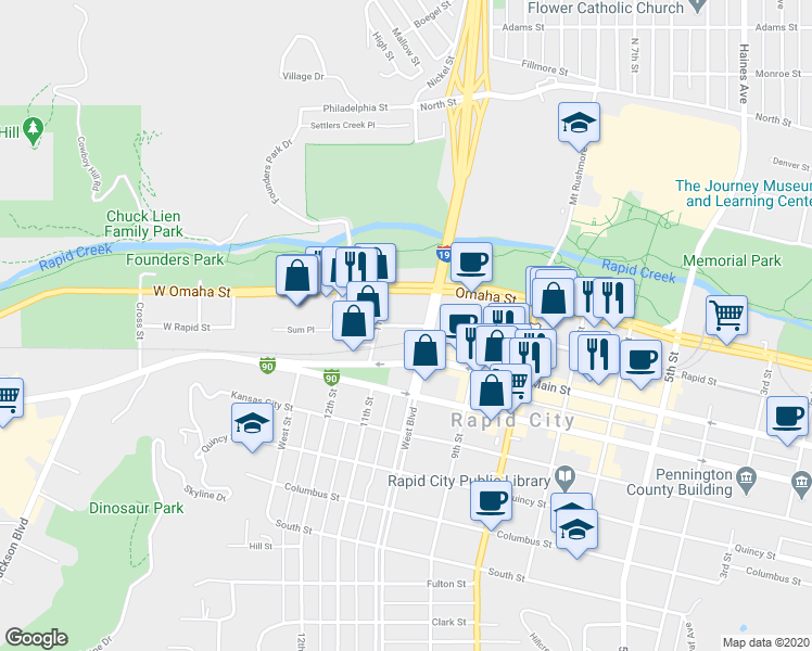map of restaurants, bars, coffee shops, grocery stores, and more near 516 Rapid Street in Rapid City