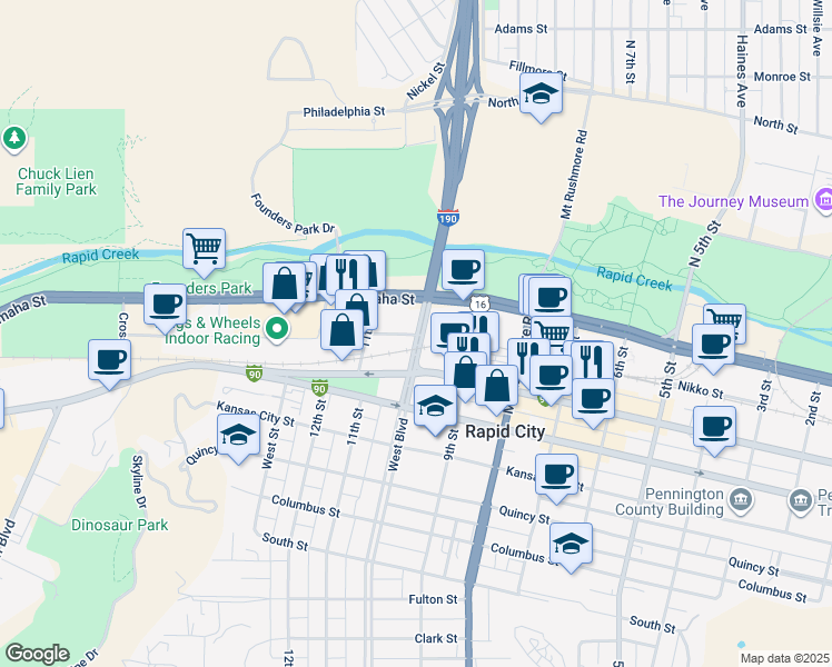 map of restaurants, bars, coffee shops, grocery stores, and more near 121 Rapid Street in Rapid City