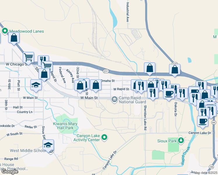 map of restaurants, bars, coffee shops, grocery stores, and more near 2902 West Rapid Street in Rapid City