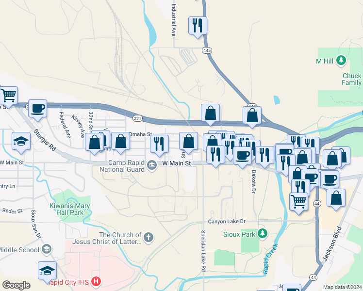 map of restaurants, bars, coffee shops, grocery stores, and more near 2702 West Rapid Street in Rapid City