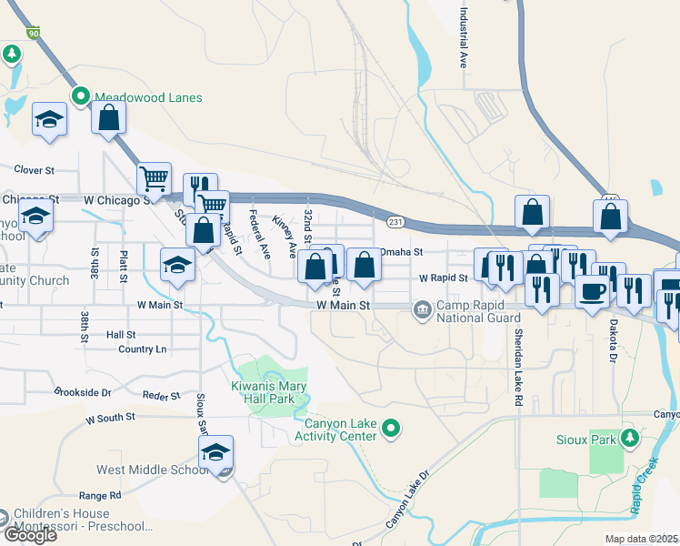 map of restaurants, bars, coffee shops, grocery stores, and more near 3030 West Rapid Street in Rapid City