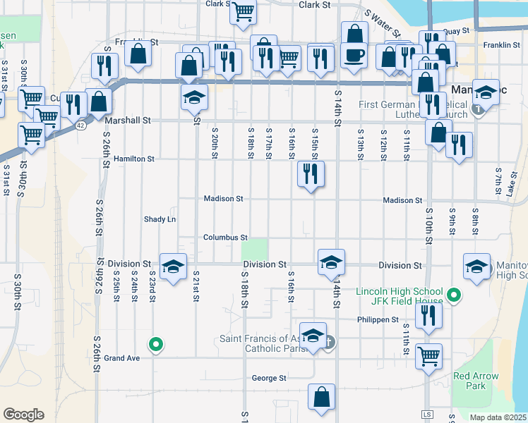 map of restaurants, bars, coffee shops, grocery stores, and more near 1701 Madison Street in Manitowoc