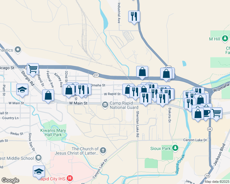 map of restaurants, bars, coffee shops, grocery stores, and more near 2814 West Rapid Street in Rapid City