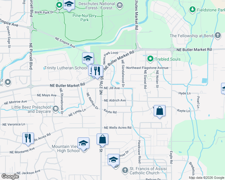 map of restaurants, bars, coffee shops, grocery stores, and more near 3198 Northeast Coho Street in Bend