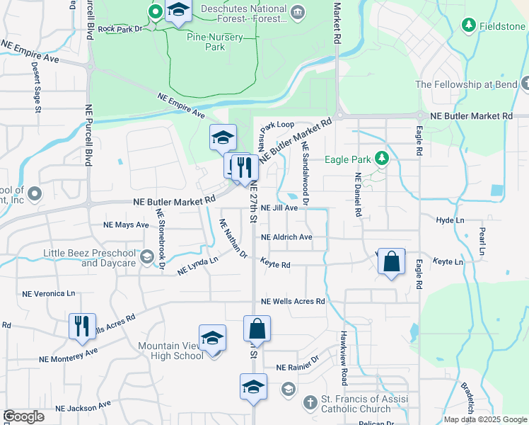 map of restaurants, bars, coffee shops, grocery stores, and more near 3195 Northeast Delmas Street in Bend
