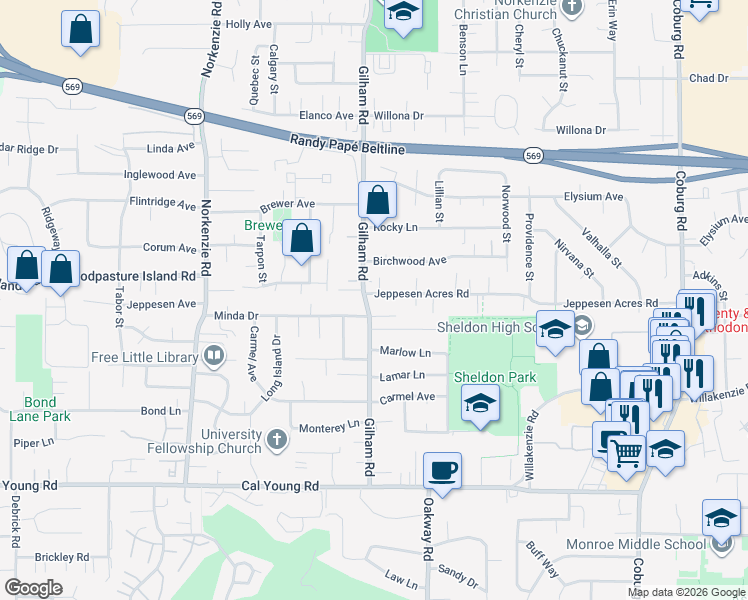 map of restaurants, bars, coffee shops, grocery stores, and more near 2118 Jeppesen Acres Road in Eugene