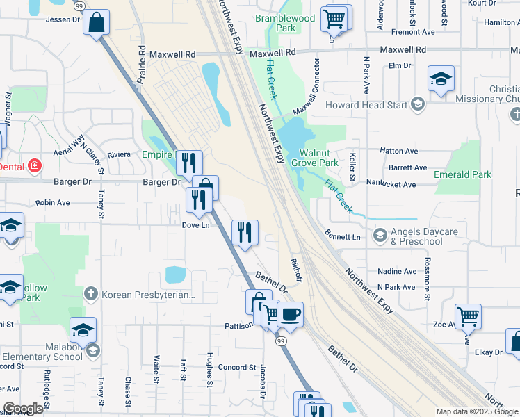 map of restaurants, bars, coffee shops, grocery stores, and more near Northwest Expressway in Eugene