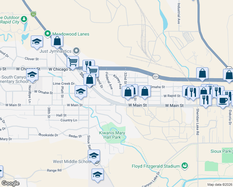 map of restaurants, bars, coffee shops, grocery stores, and more near 270 Federal Avenue in Rapid City