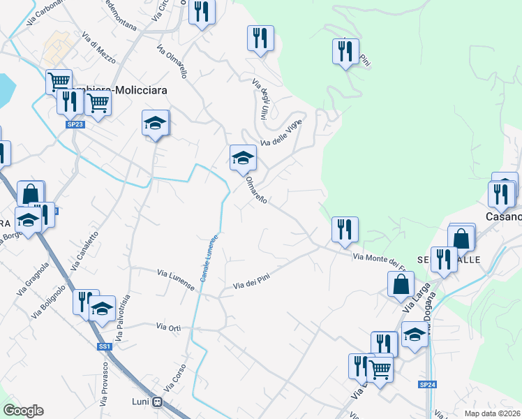 map of restaurants, bars, coffee shops, grocery stores, and more near 43 Via Olmarello in Colombiera-Molicciara