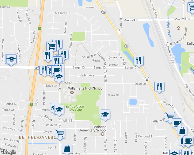 map of restaurants, bars, coffee shops, grocery stores, and more near 3958 Robin Avenue in Eugene