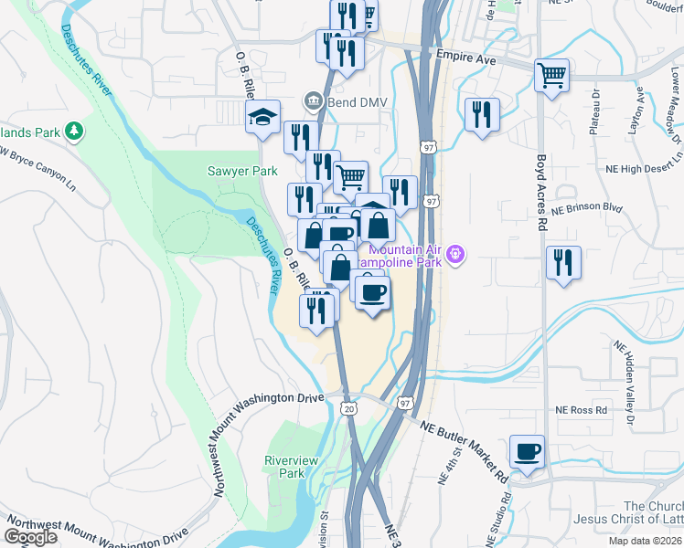 map of restaurants, bars, coffee shops, grocery stores, and more near 3198 North Highway 97 in Bend