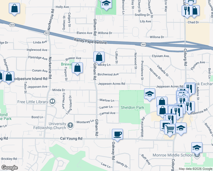 map of restaurants, bars, coffee shops, grocery stores, and more near 2148 Jeppesen Acres Road in Eugene