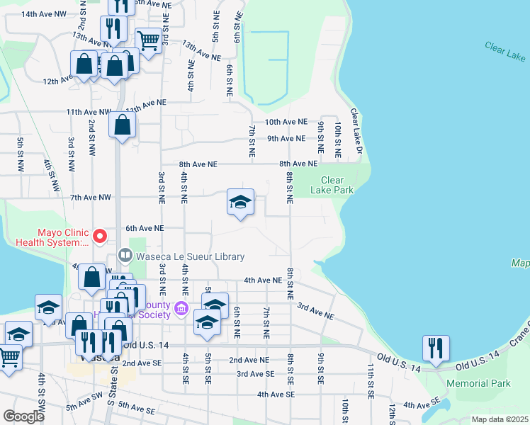 map of restaurants, bars, coffee shops, grocery stores, and more near 605 7th Street Northeast in Waseca