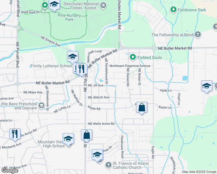 map of restaurants, bars, coffee shops, grocery stores, and more near 2815 Northeast Jill Avenue in Bend