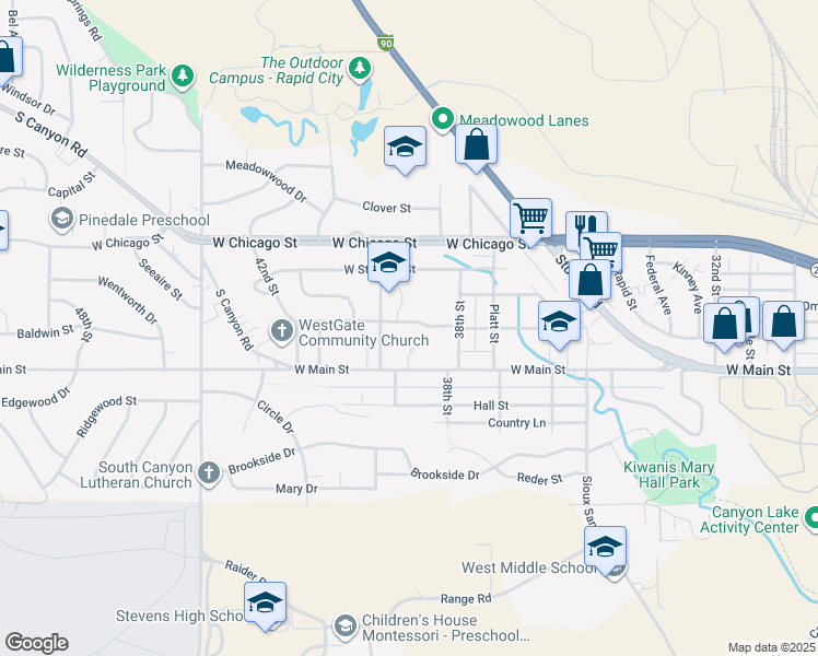 map of restaurants, bars, coffee shops, grocery stores, and more near 3915 West Omaha Street in Rapid City