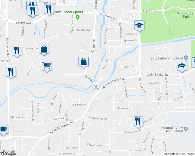 map of restaurants, bars, coffee shops, grocery stores, and more near 62853 Bilyeu Way in Bend