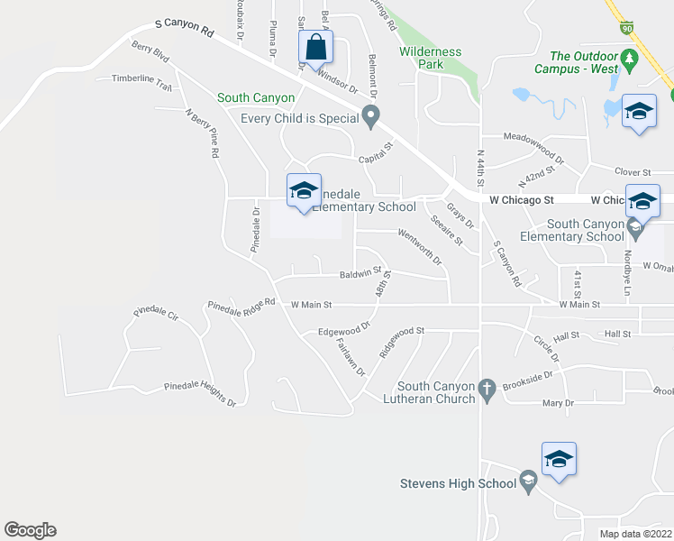 map of restaurants, bars, coffee shops, grocery stores, and more near 4802 Baldwin Street in Rapid City