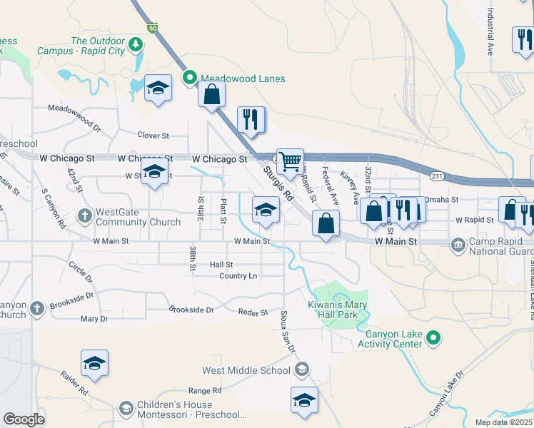 map of restaurants, bars, coffee shops, grocery stores, and more near 3104 West Saint Louis Street in Rapid City