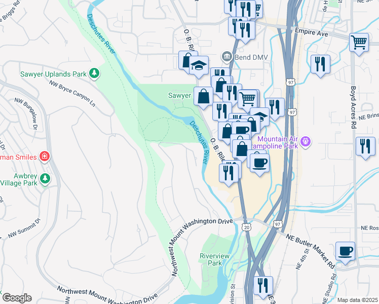 map of restaurants, bars, coffee shops, grocery stores, and more near 3181 Northwest Quiet River Lane in Bend