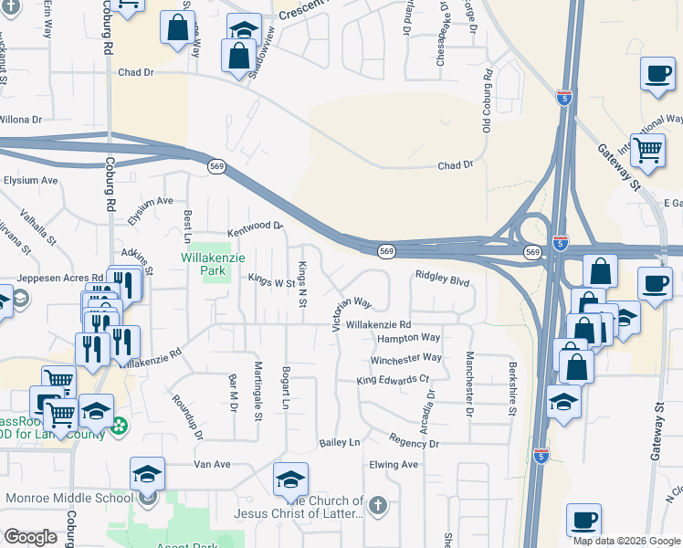 map of restaurants, bars, coffee shops, grocery stores, and more near 3231 Queens East Street in Eugene